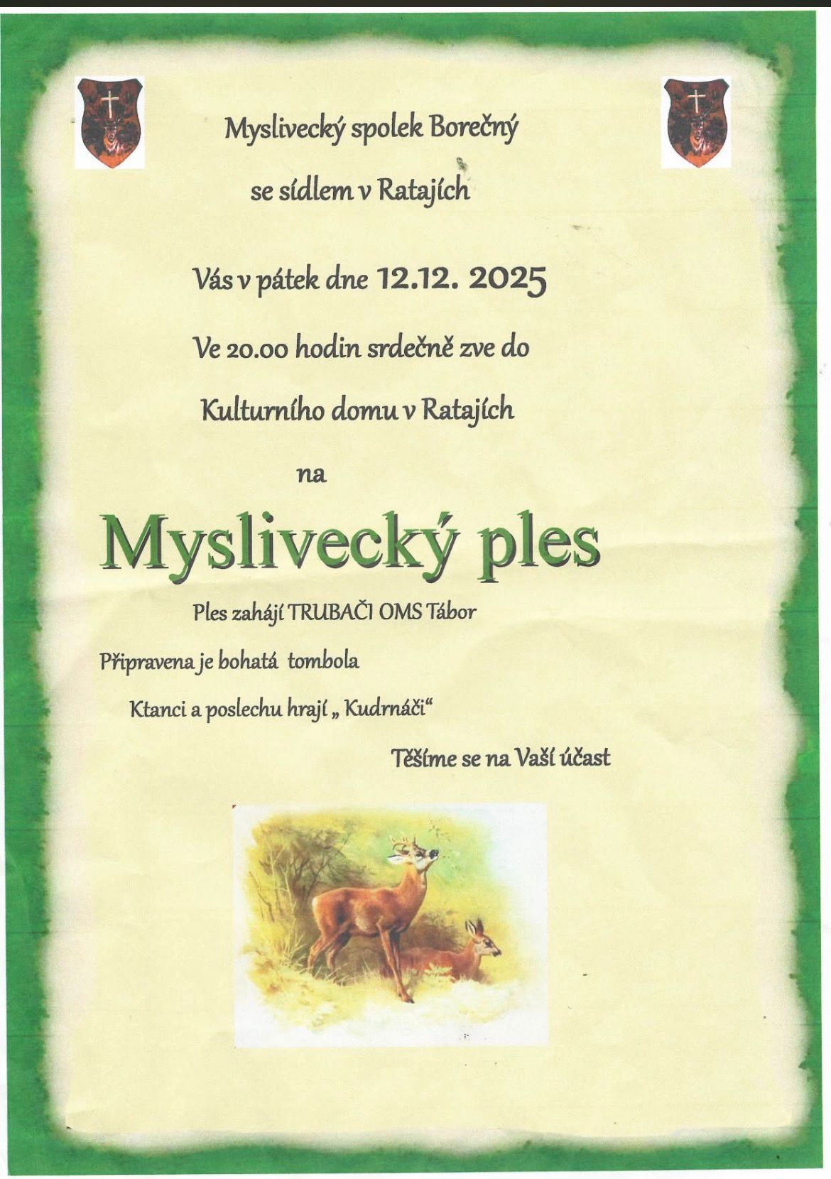 Myslivecký ples 12.12. - hrají Kudrnáči